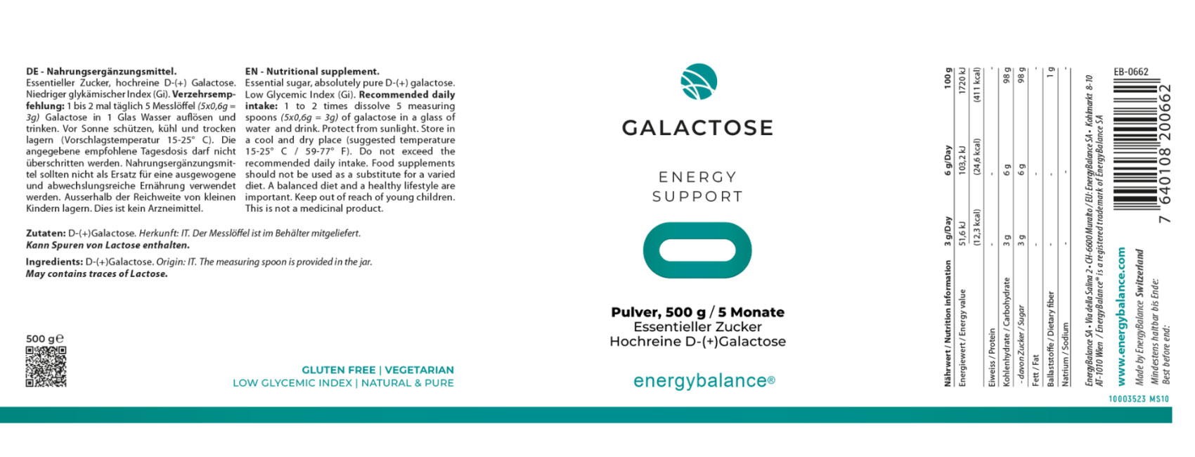 EnergyBalance Galactose, 500 g hochreines Pulver Alzheimer EAN: 7640108200662