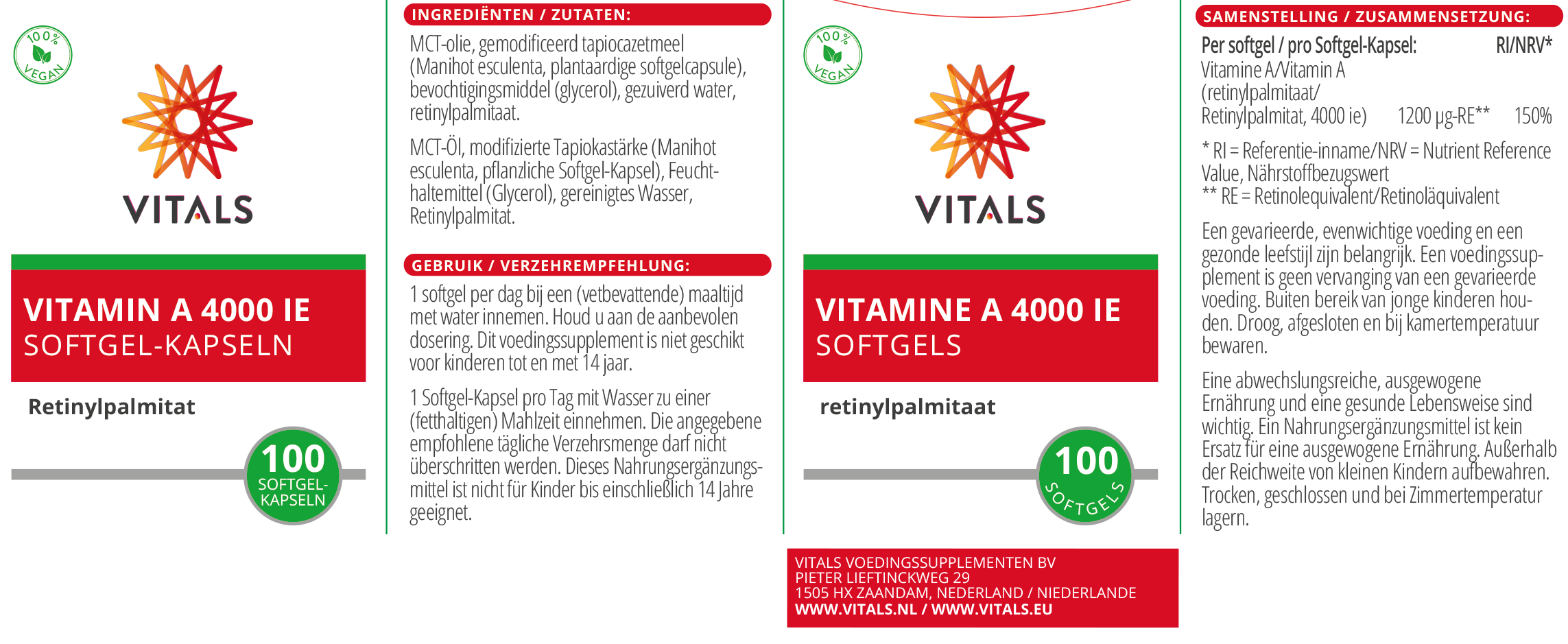 Vitals Vitamin A 4000 IE, 100 Softgel-Kapseln Sehkraft EAN: 8716717004577