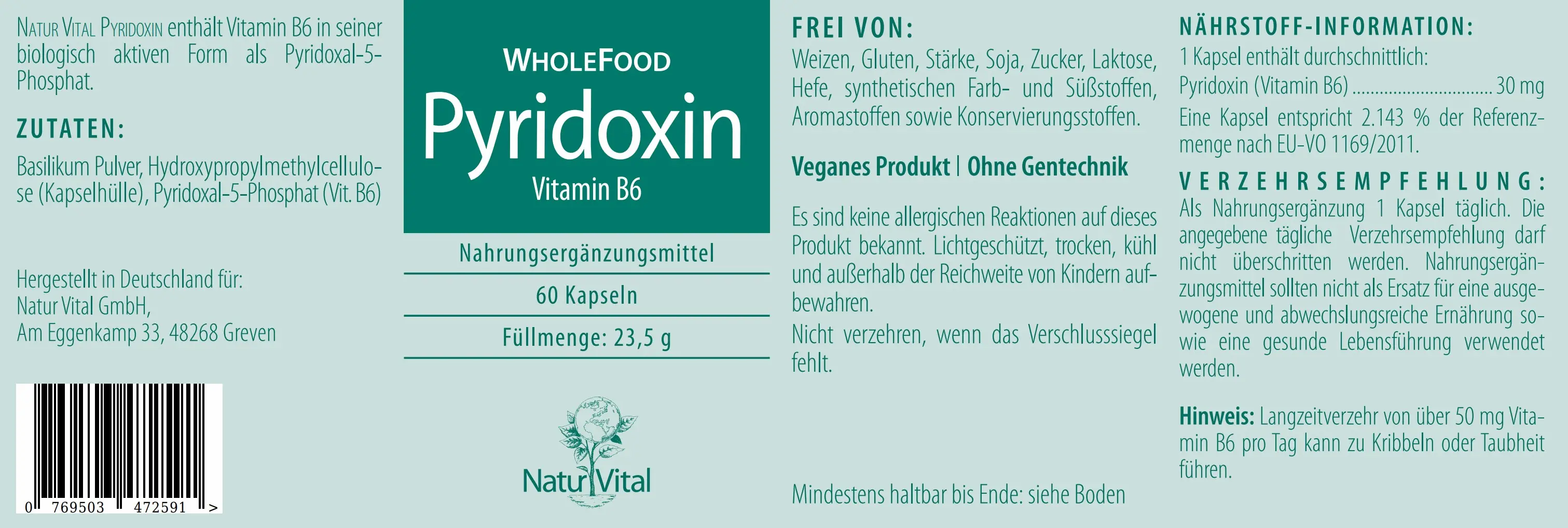 Natur Vital Pyridoxin WholeFood P5P, 60 Kapseln  EAN: 4262512990620