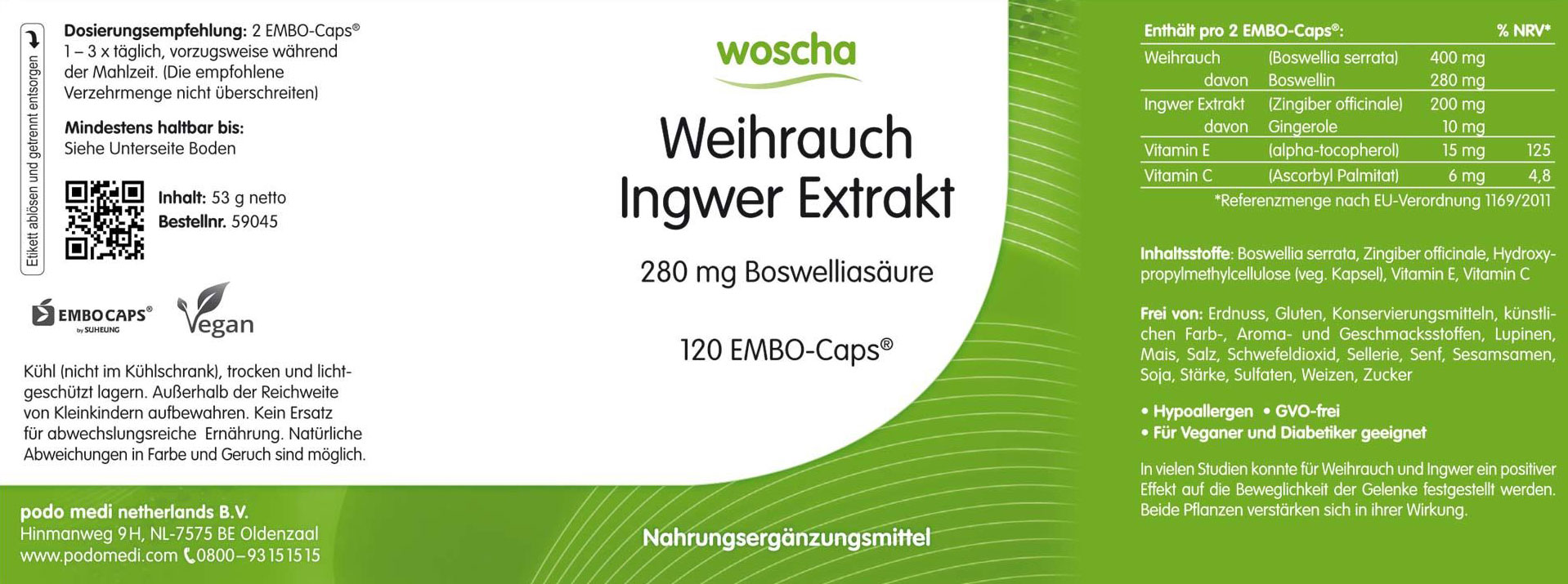 Woscha Weihrauch Extrakt podo medi 180 Kapseln Etikett Woscha Weihrauch Extrakt Plus von podo medi beinhaltet 180 Kapseln Etikett