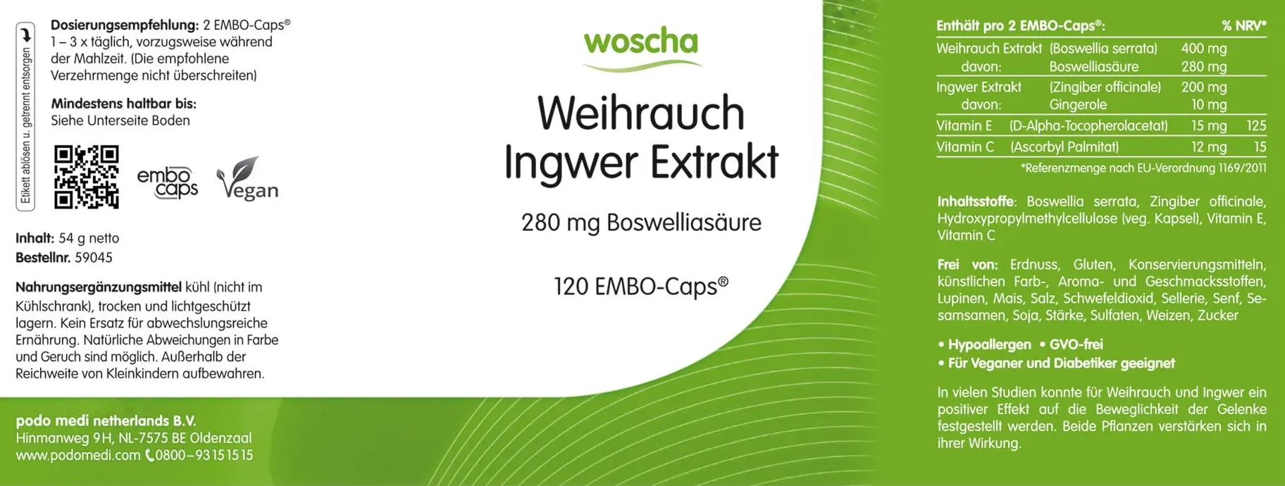 Woscha Weihrauch Extrakt Plus von podo medi beinhaltet 180 Kapseln Etikett