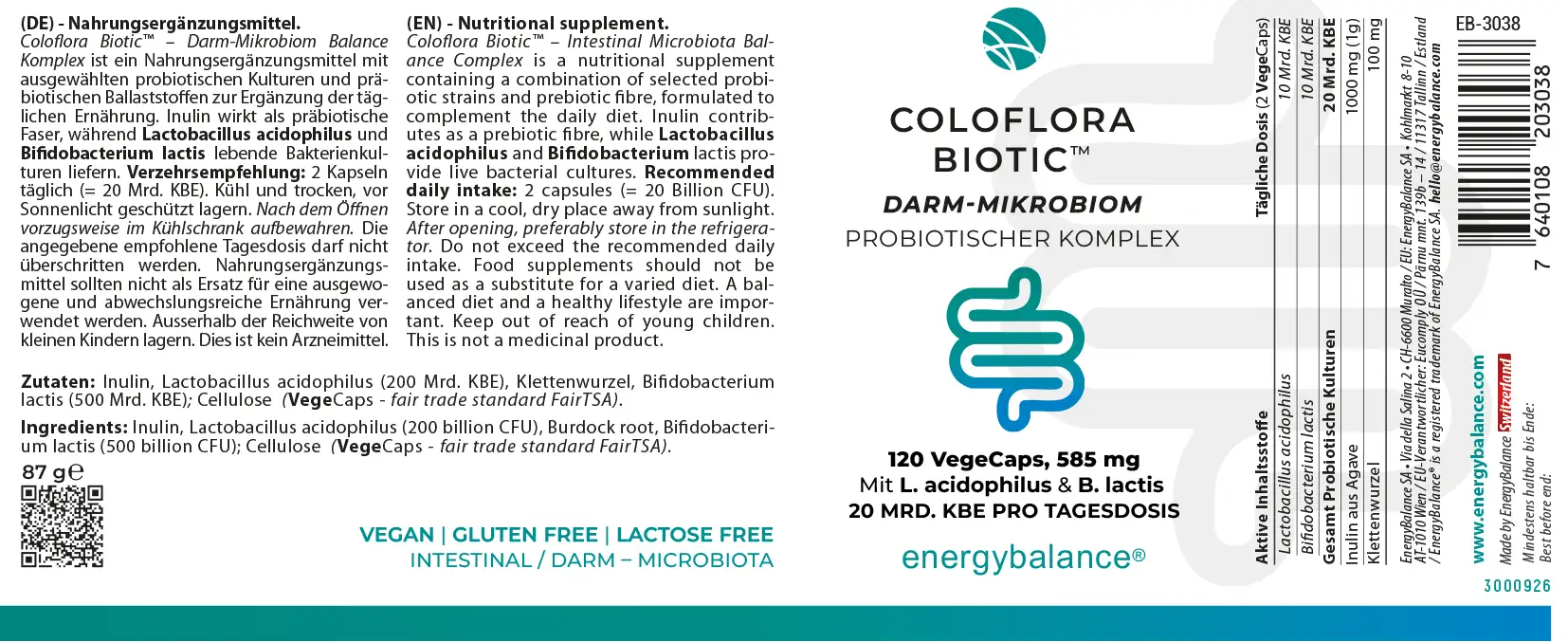 EnergyBalance Coloflora Biotic, probiotische culturen (20 miljard KVE), 120 VegeCaps  EAN: 7640108203038