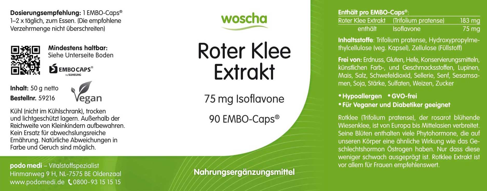 Woscha Roter Klee Extrakt von podo medi beinhaltet 90 Kapseln Etikett