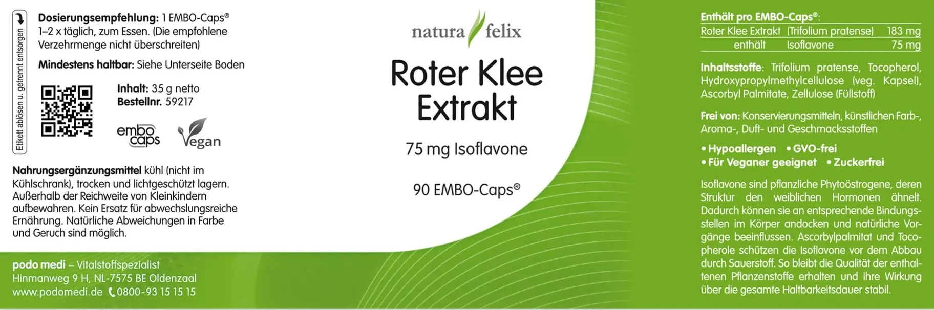 natura-felix Roter Klee Extrakt von podo medi beinhaltet 90 Kapseln Etikett