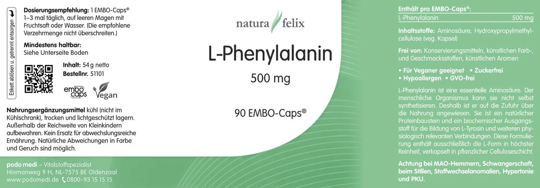 Natura Felix L-fenilalanina 500 mg, 90 EMBO-Caps  EAN: 8717729190951