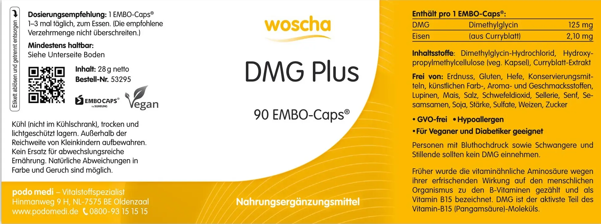 Woscha DMG Plus Eisen von podo medi beinhaltet 90 Kapseln Etikett