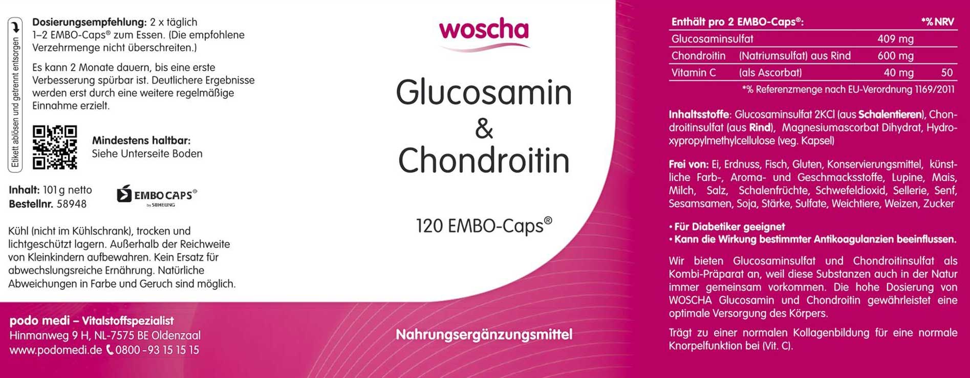 Woscha Glucosamin & Chondroitin von podo medi beinhaltet 120 Kapseln Etikett