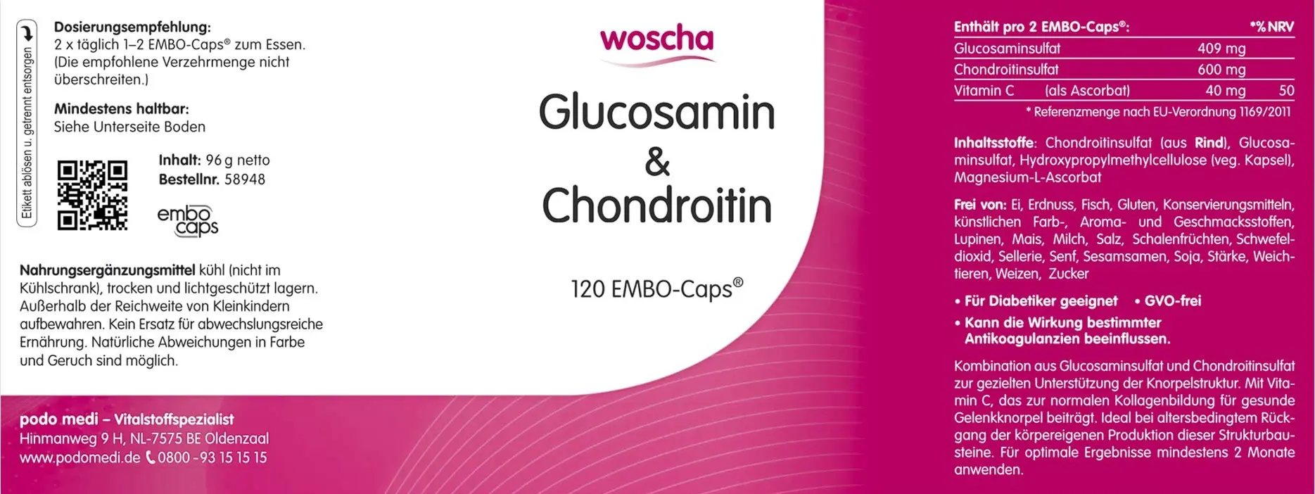 Woscha Glucosamin & Chondroitin von podo medi beinhaltet 120 Kapseln Etikett