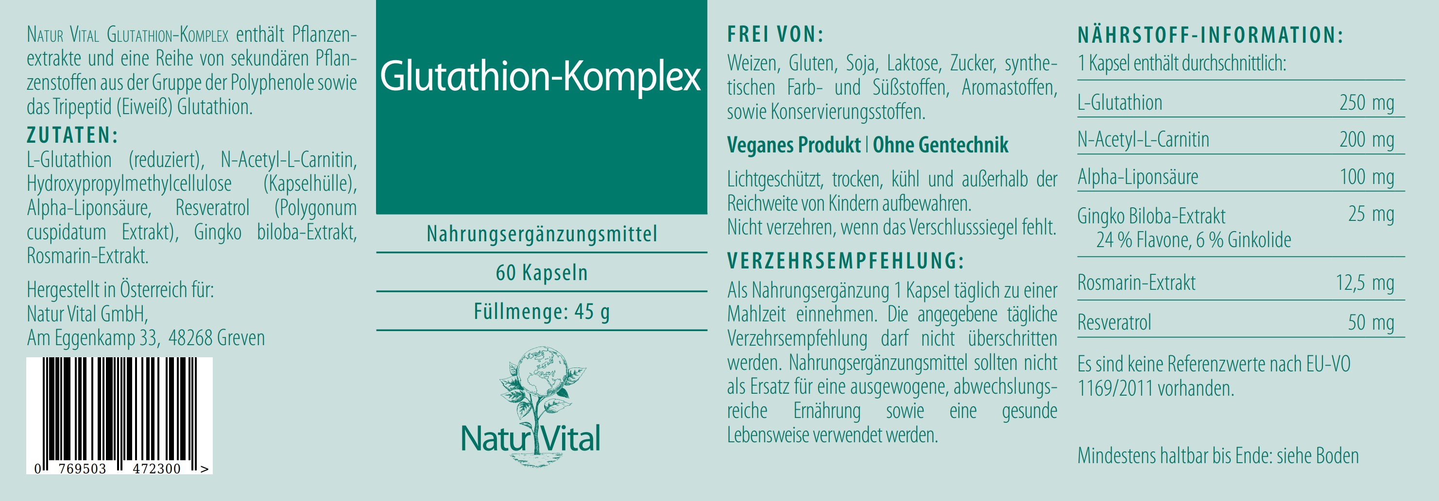 Etikett Glutathion Komplex von Natur Vital beinhaltet 60 Kapseln