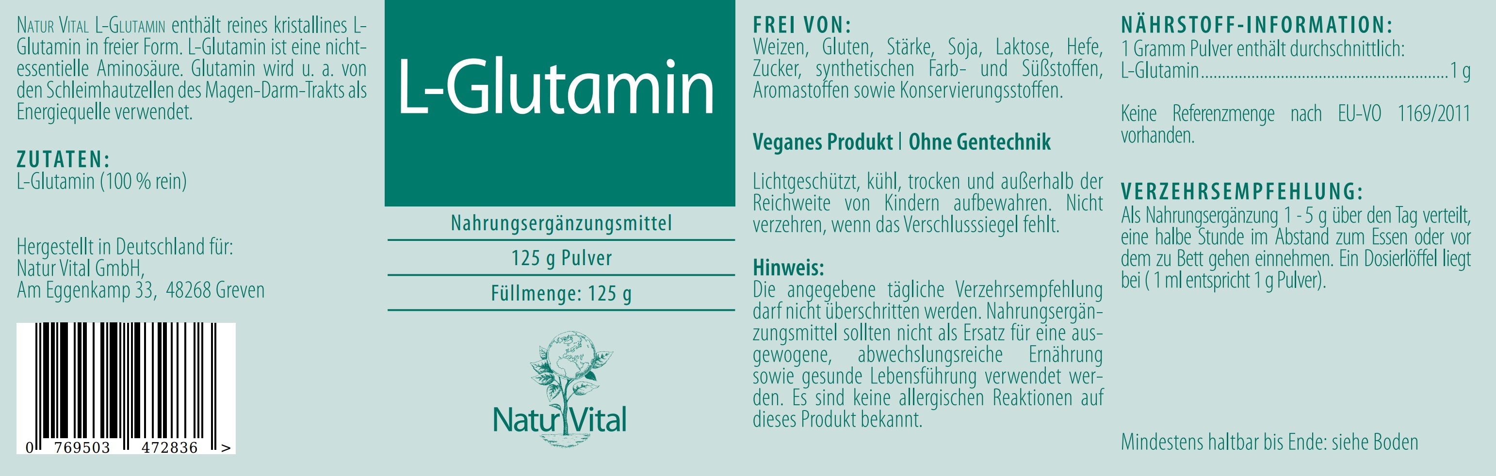 Natur Vital L-Glutamin, 125 g Pulver  EAN: 4262512990354