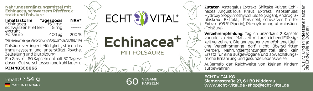 Etikett Echinacea + mit Folsäure von Echt Vital beinhaltet 60 vegane Kapseln