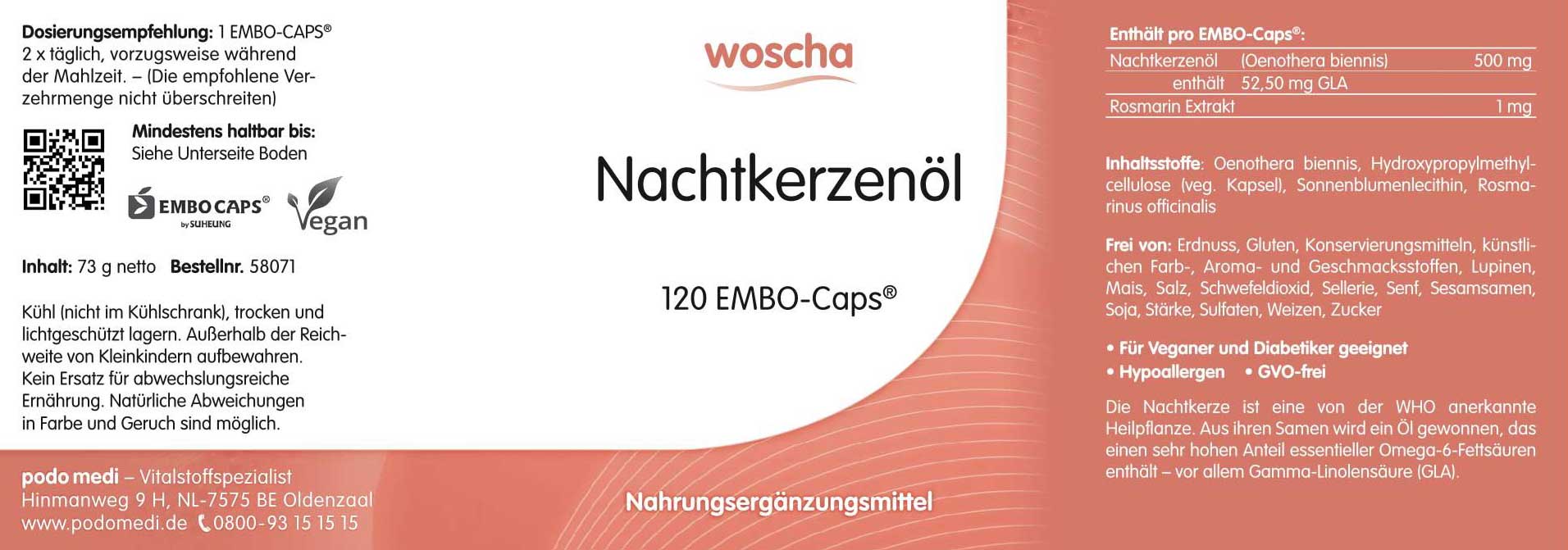 Woscha Nachtkerzenöl von podo medi beinhaltet 120 Kapseln Etikett