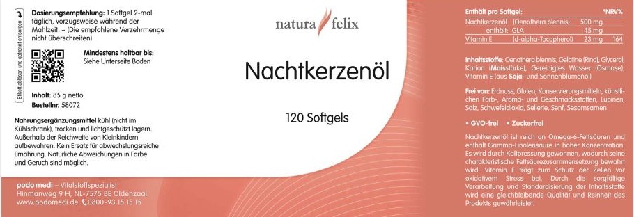 natura-felix Nachtkerzenöl von podo medi beinhaltet 120 Kapseln Etikett