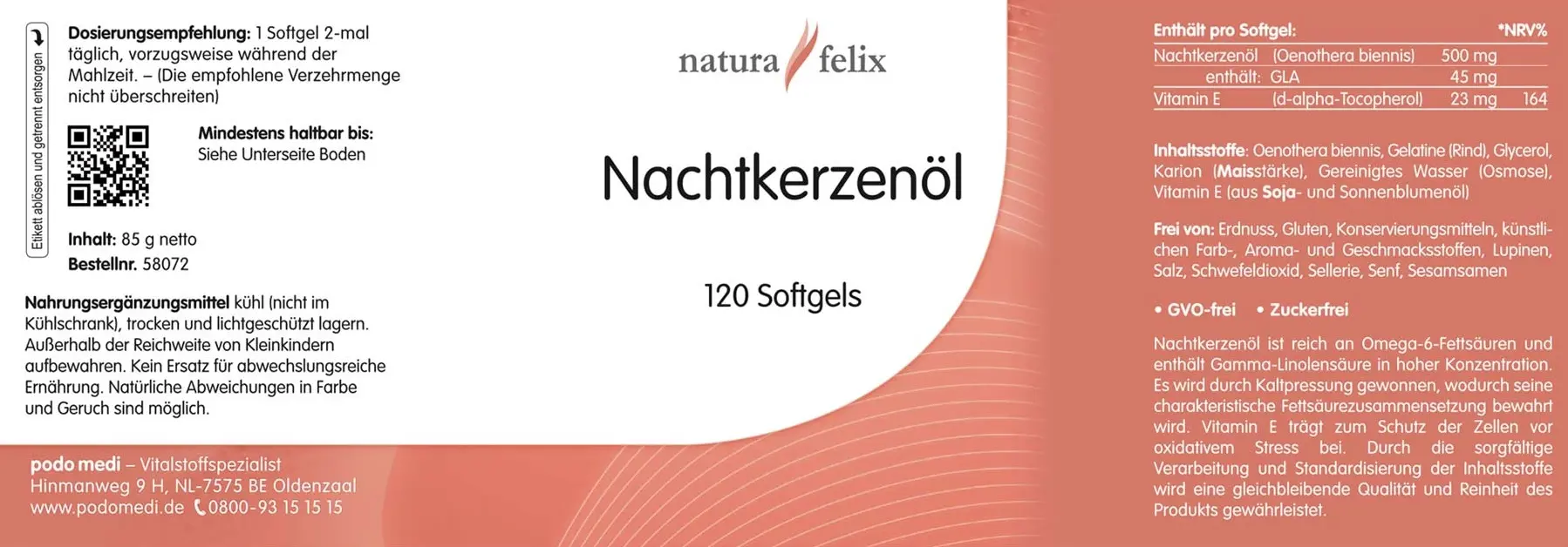 natura-felix Nachtkerzenöl von podo medi beinhaltet 120 Kapseln Etikett