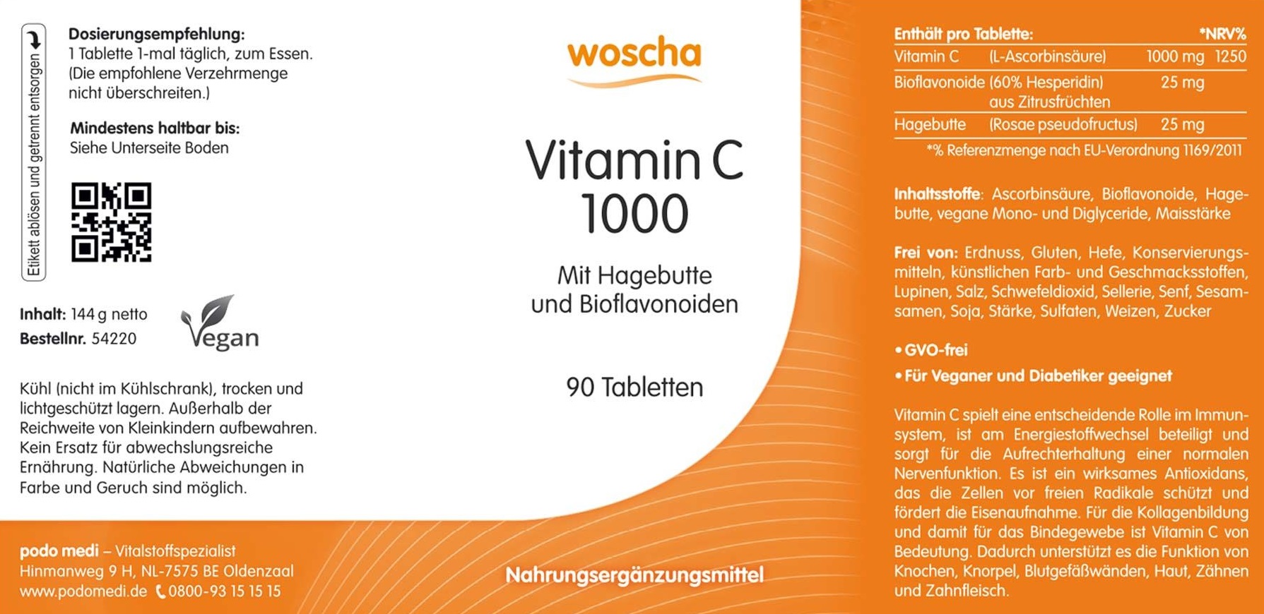 Woscha Vitamin C 1000 mit Hagebutte von podo medi beinhaltet 90 Tabletten Etikett