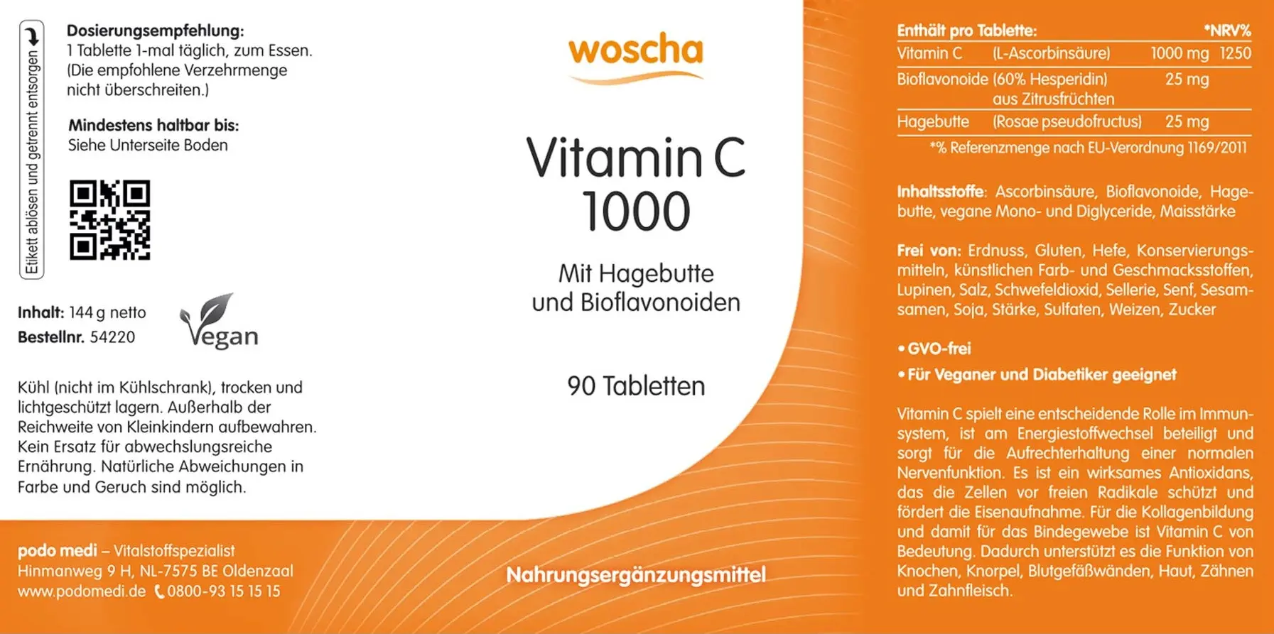 Woscha Vitamin C 1000 mit Hagebutte von podo medi beinhaltet 90 Tabletten Etikett