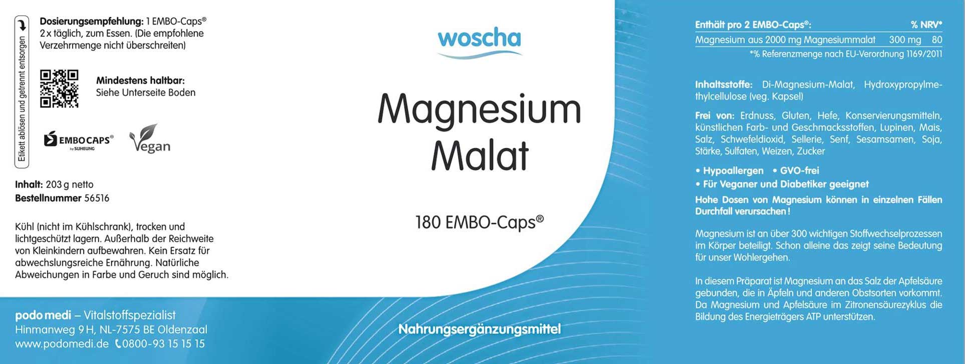 Woscha Magnesium Malat von podo medi beinhaltet 180 Kapseln Etikett
