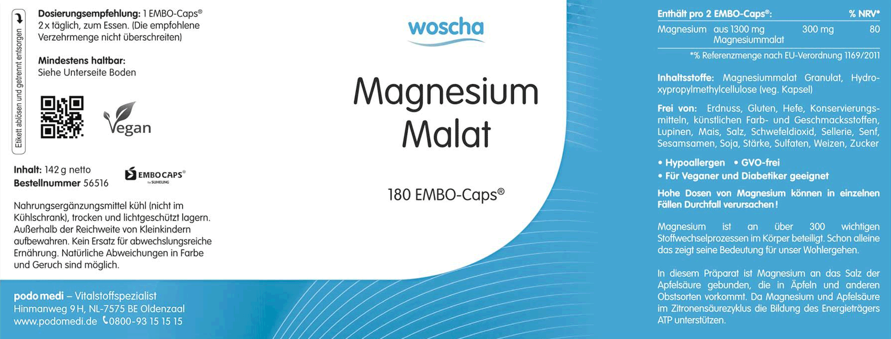 Woscha Magnesium Malat podo medi 180 Kapseln Etikett Woscha Magnesium Malat von podo medi beinhaltet 180 Kapseln Etikett