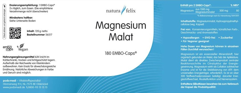 Natura Felix Magnesium Malat von podo medi beinhaltet 180 KapselnEtikett