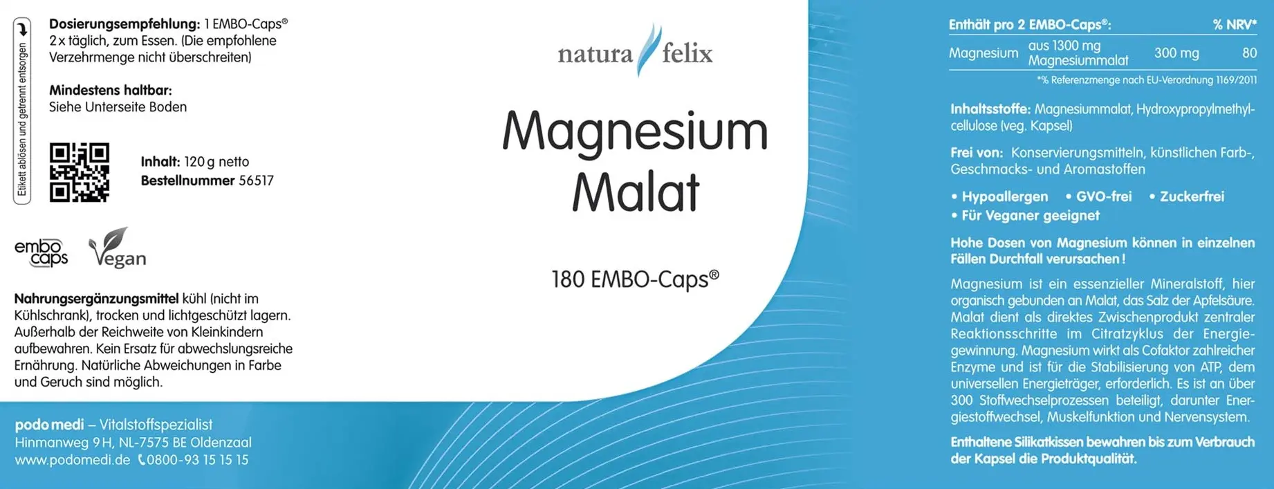 Natura Felix Magnesium Malat von podo medi beinhaltet 180 KapselnEtikett