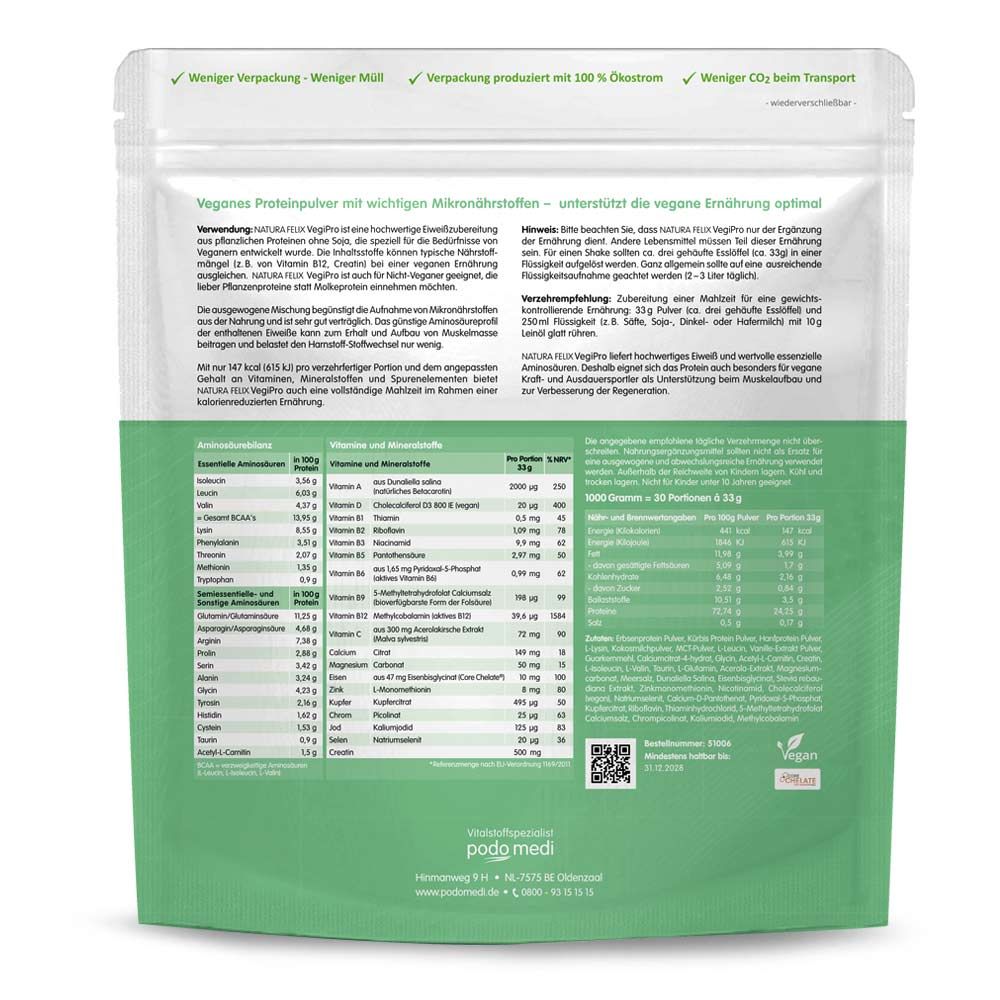 natur-felix VegiPro Erbsen-, Kürbis- und Hanfprotein von podo medi beinhaltet 1000 Gramm Pulver Etikett