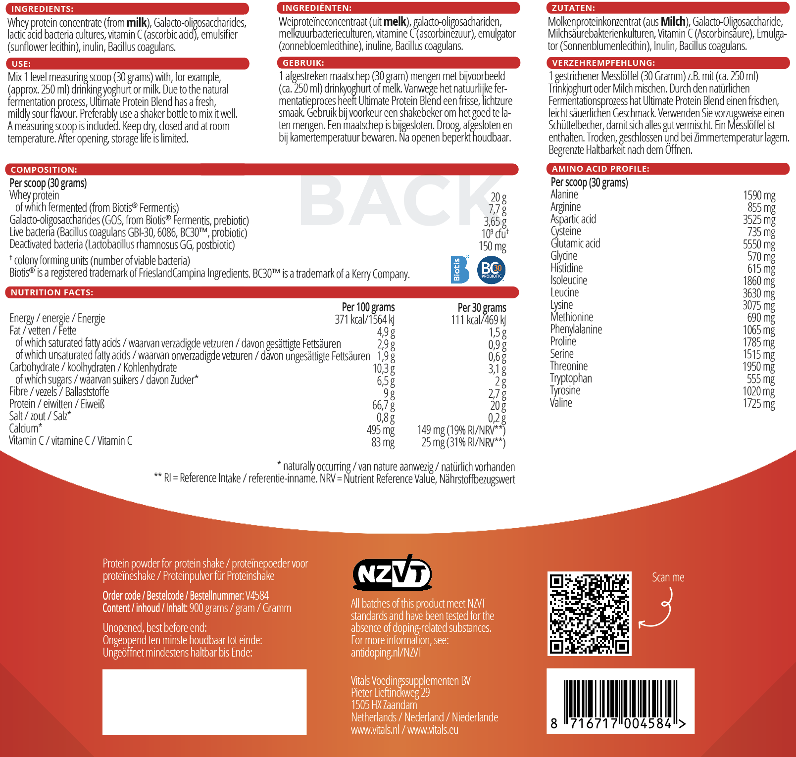 Vitals Ultimate Protein Blend Standbeutel, 900 Gramm Diät EAN: 8716717004584