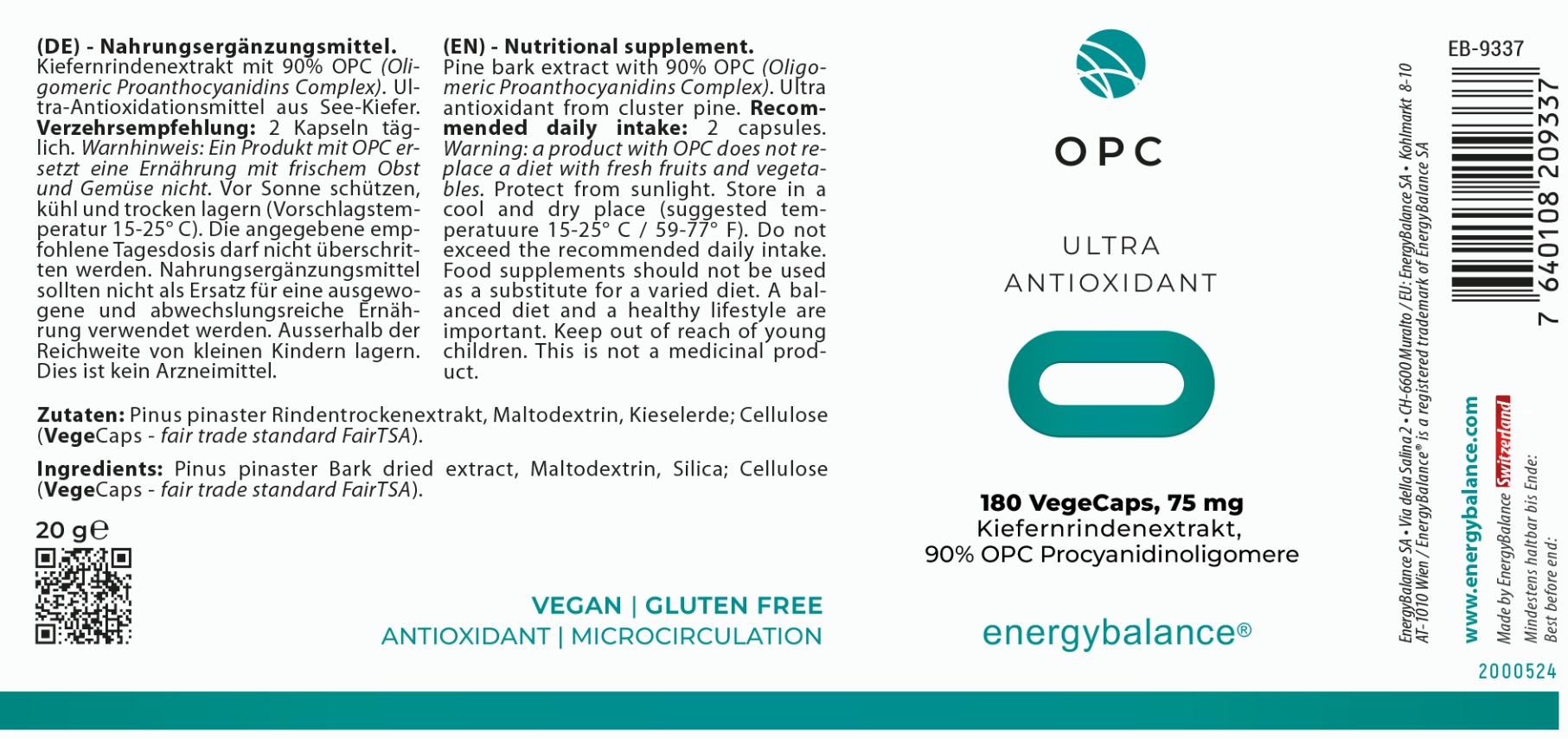 EnergyBalance OPC Kieferrindenextrakt, 180 VegeCaps Oxidativer Stress EAN: 7640108209337