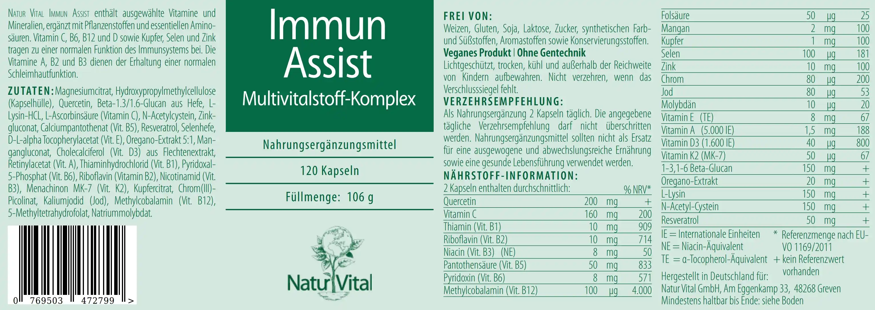 Natur Vital Immun Assist, 120 Kapseln Bioflavonoide aus dem Kern der Grapefruit EAN: 4262512990323