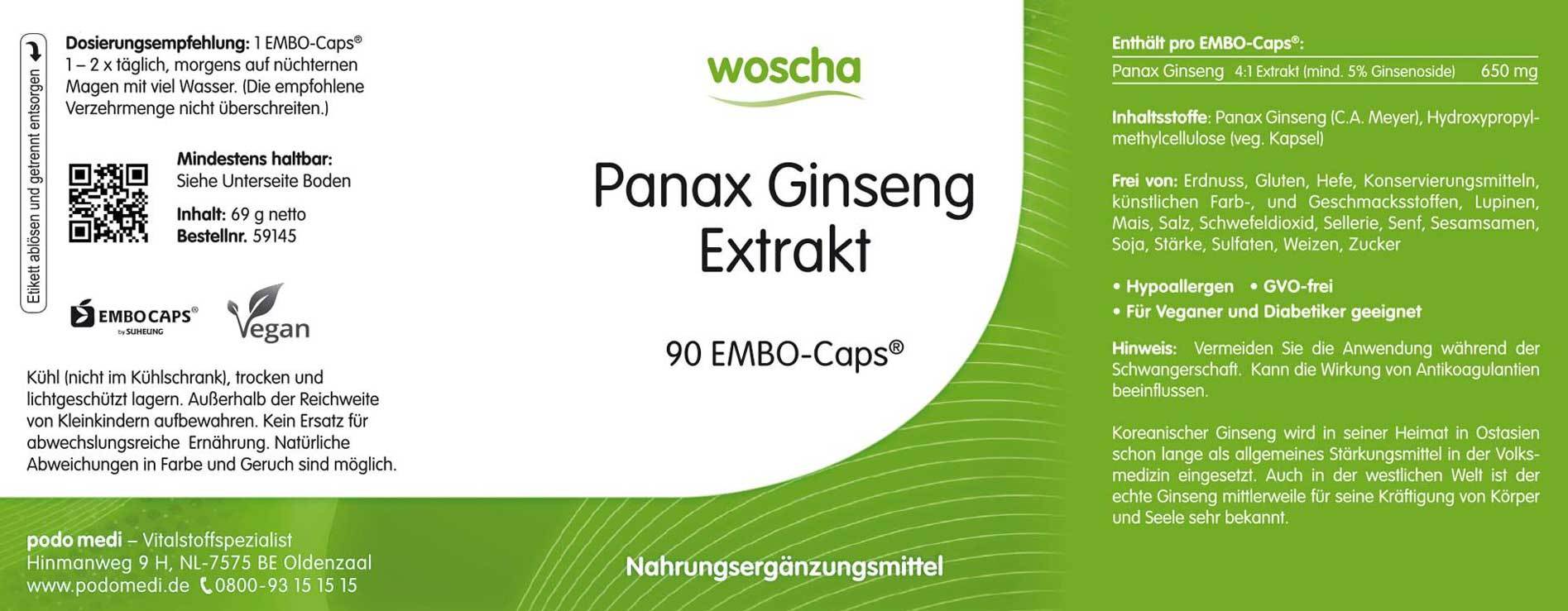 Woscha Panax Ginseng Extrakt von podo medi beinhaltet 90 Kapseln Etikett