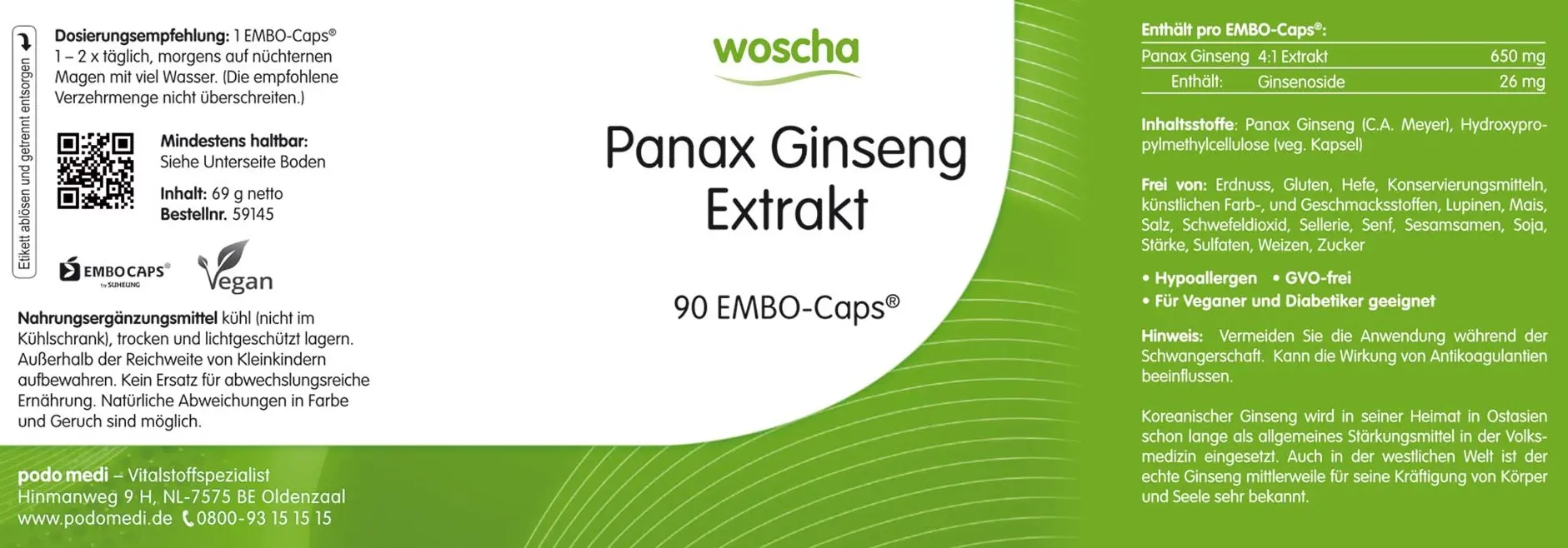 Woscha Panax Ginseng Extrakt von podo medi beinhaltet 90 Kapseln Etikett