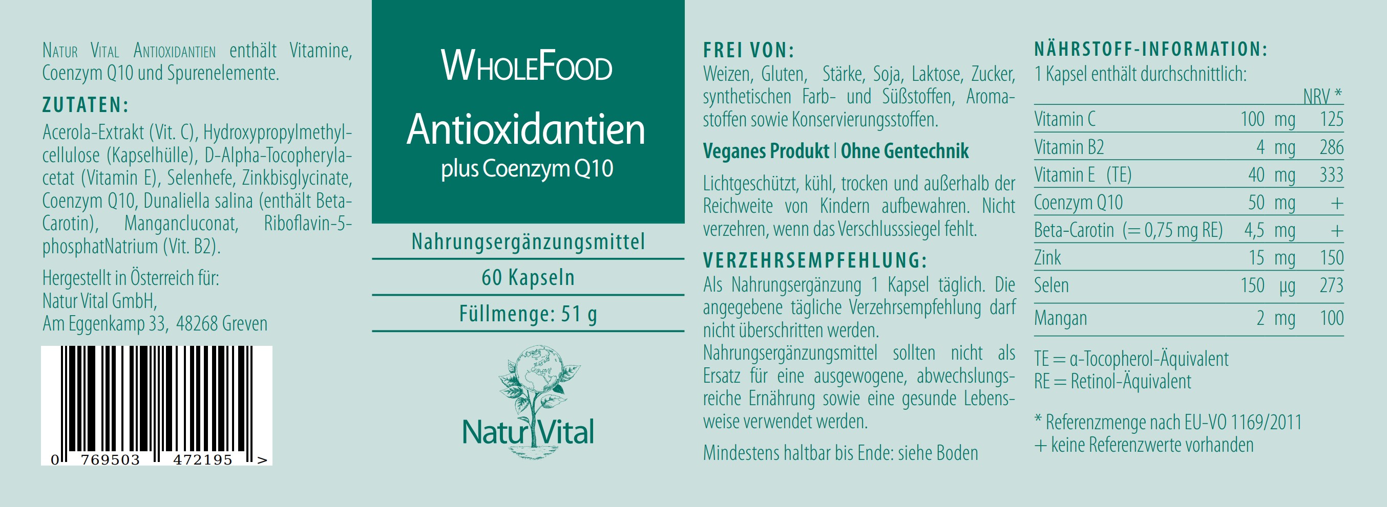 Antioxidantien plus Coenzym Q10 Natur Vital 60 Kapseln Antioxidantien plus Coenzym Q10 von Natur Vital beinhaltet 60 Kapseln