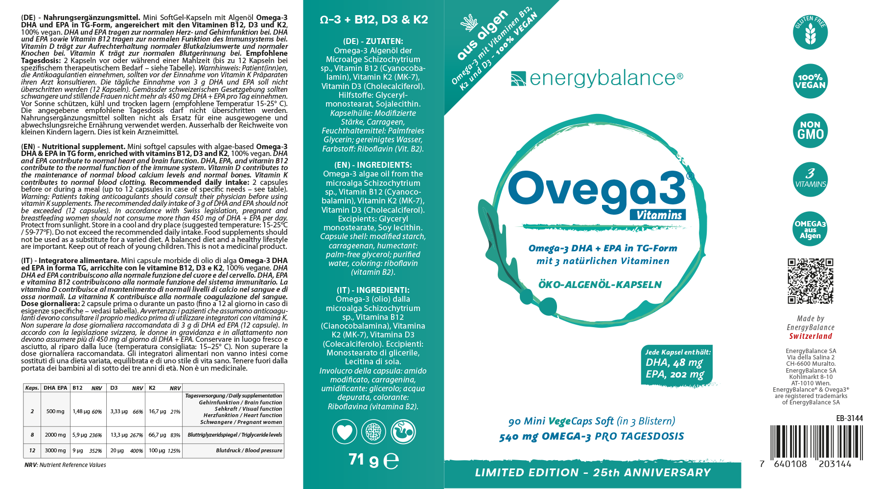 EnergyBalance Ovega3 Omega-3 DHA und EPA plus Vitamine, 90 VegeCaps  EAN: 7640108203144
