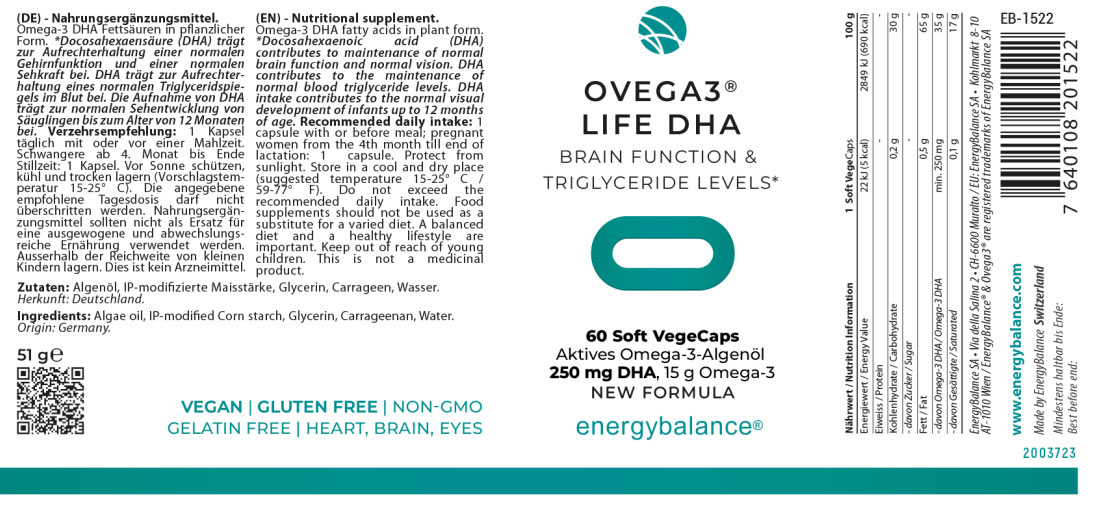 Ovega3 life DHA algae oil, 60 capsules