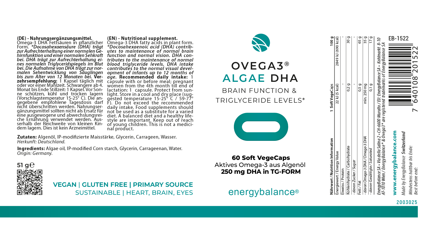 EnergyBalance Ovega3 life DHA Algenöl, 60 Kapseln  EAN: 7640108201522