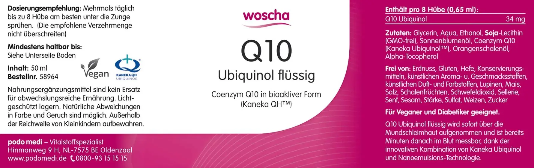 Woscha Q10 Ubiquinol flüssig von podo medi in 50 Milliliter Flasche Etikett