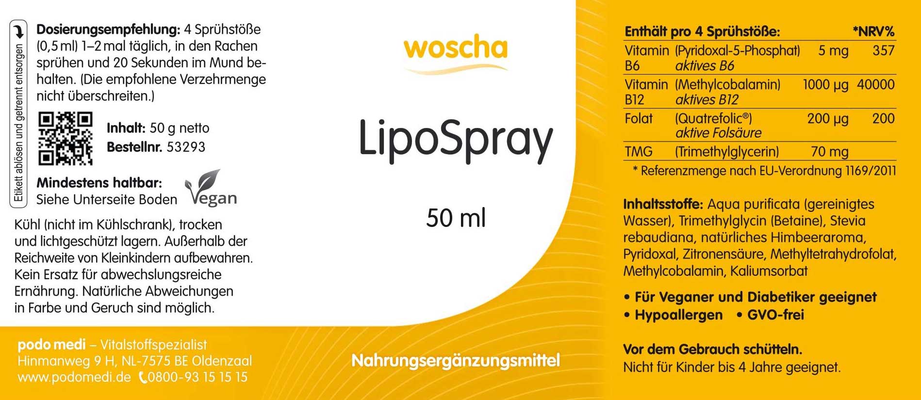 Woscha LipoSpray für den Homocysteinhaushalt von podo medi in  50 Milliliter Flasche Etikett