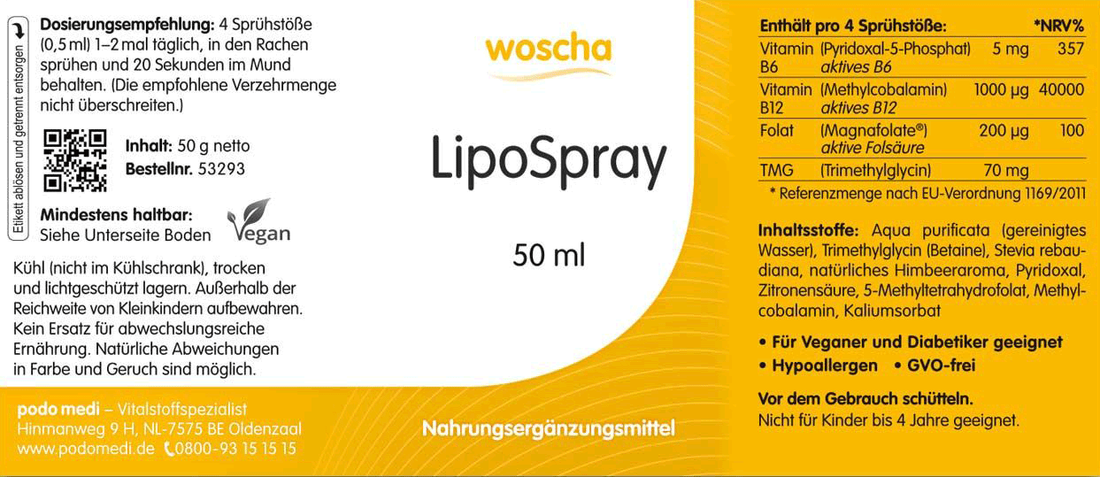 Woscha LipoSpray  podo medi 50 ml Etikett Woscha LipoSpray für den Homocysteinhaushalt von podo medi in  50 Milliliter Flasche Etikett