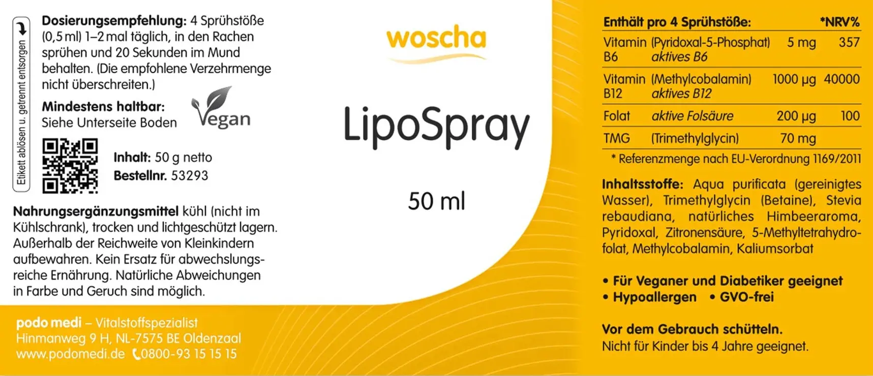 Woscha LipoSpray für den Homocysteinhaushalt von podo medi in  50 Milliliter Flasche Etikett