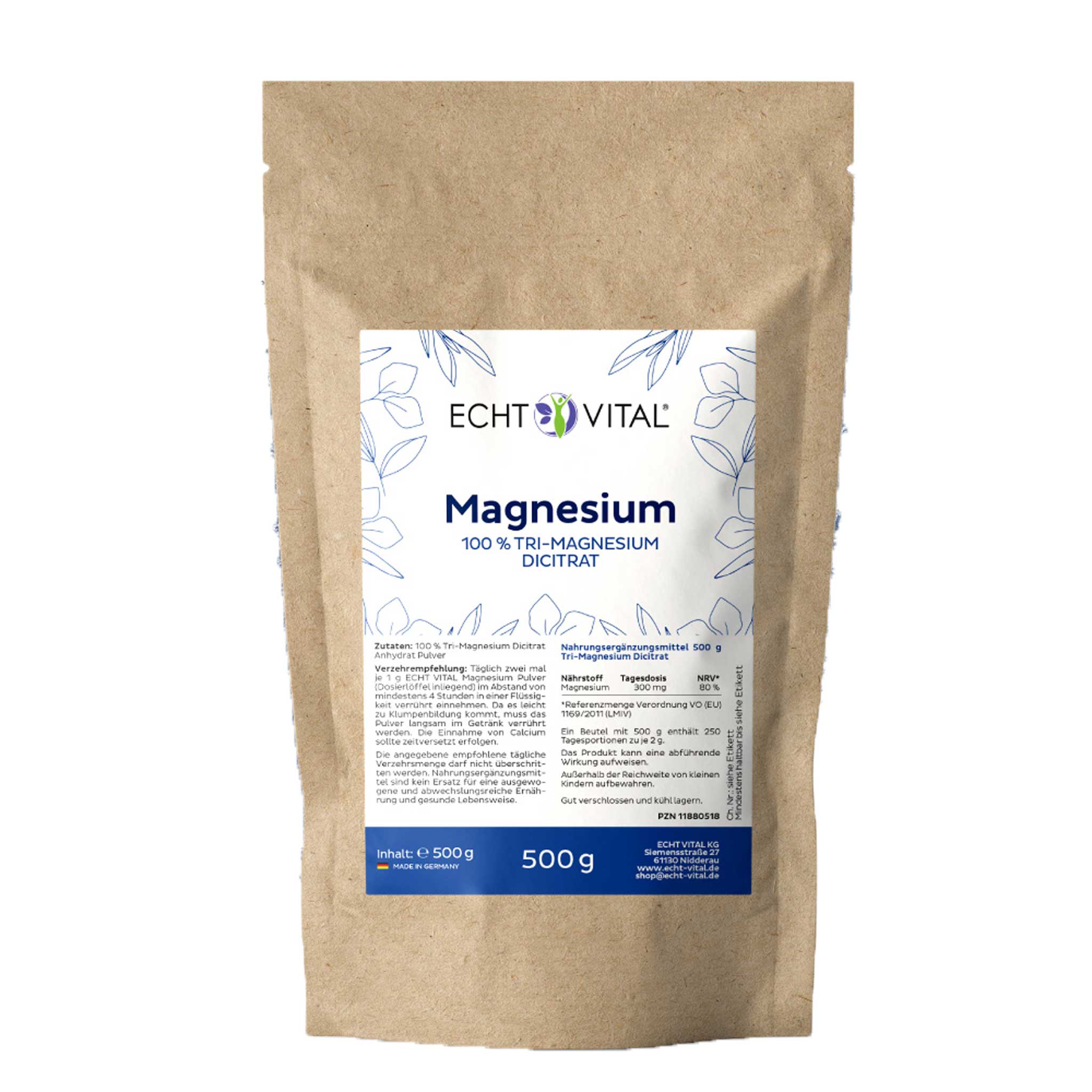 Magnesium Dicitrat Pulver von Echt Vital in 500 Gramm Packung