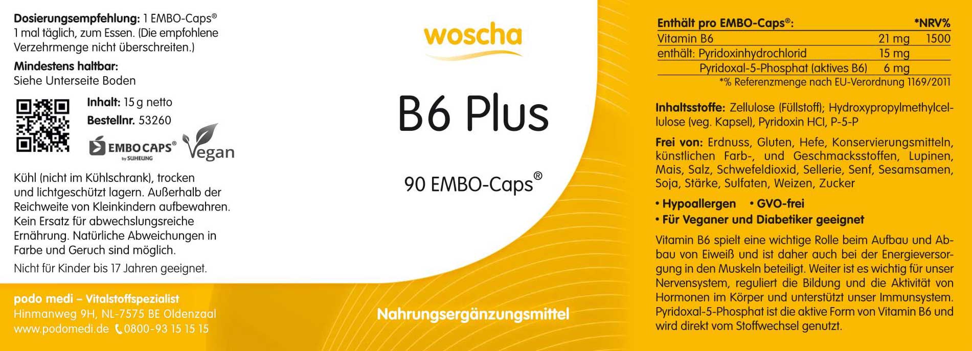 Woscha B6 Plus podo medi 90 Kapseln Etikett Woscha B6 Plus von podo medi beinhaltet 90 Kapseln Etikett