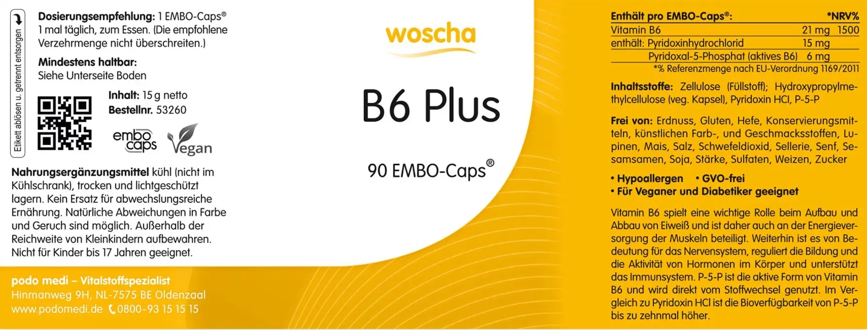 Woscha B6 Plus von podo medi beinhaltet 90 Kapseln Etikett