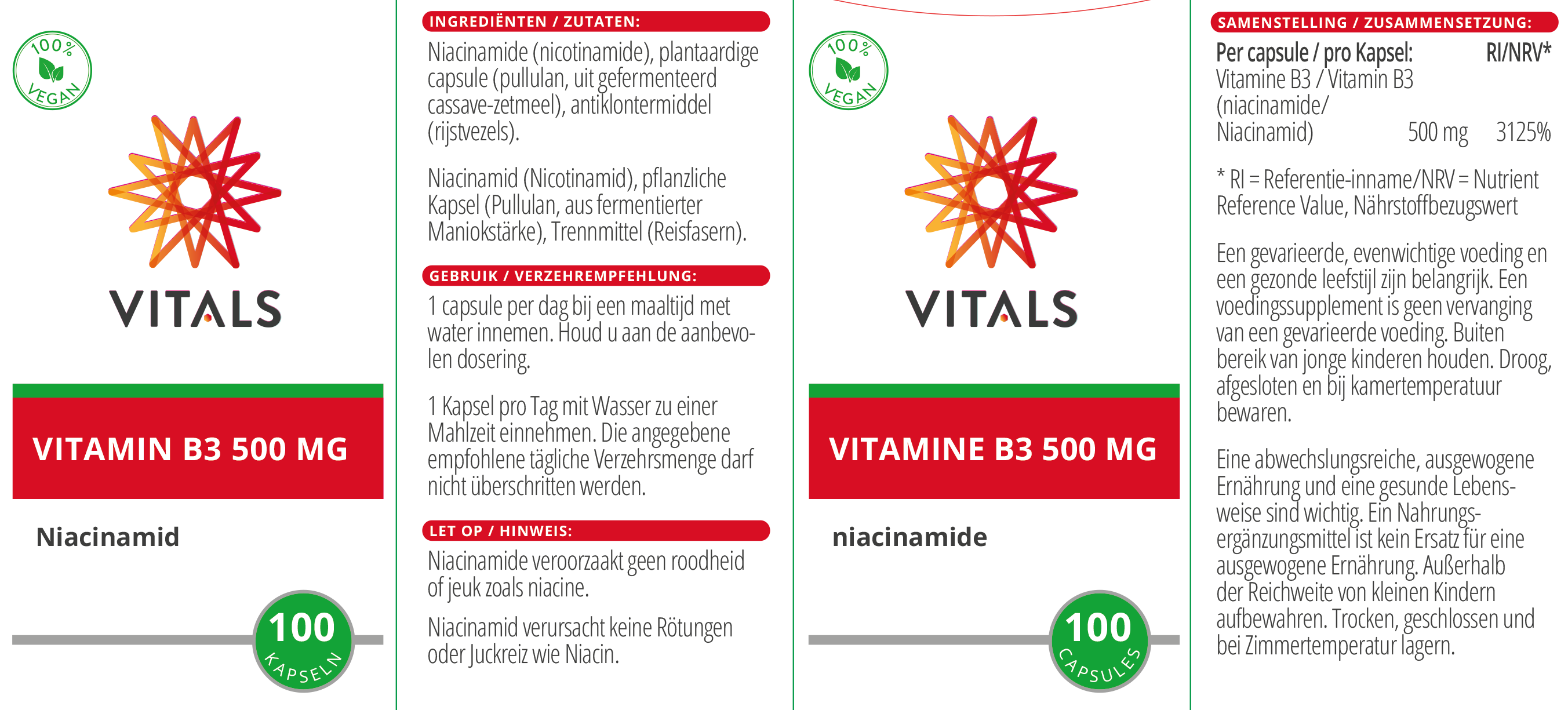 Vitals Vitamin B3 500 mg, 100 Kapseln Niacinamid Niacin Flush Free EAN: 8716717002160