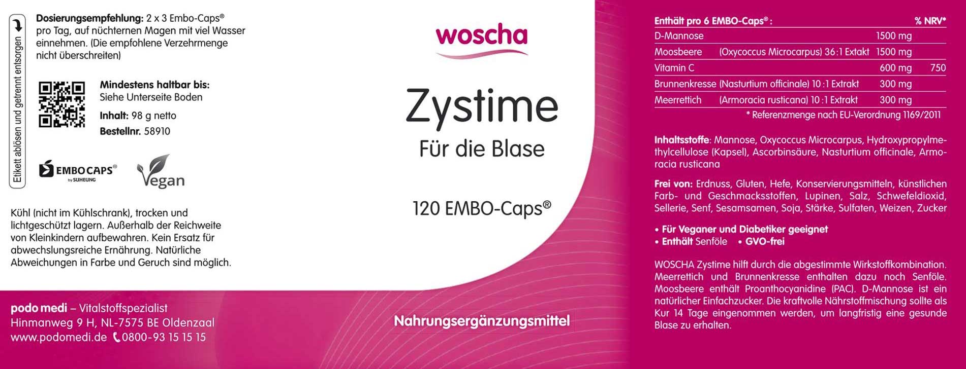 Woscha Zystime Für die Blase von podo medi beinhaltet 120 Kapseln Etikett