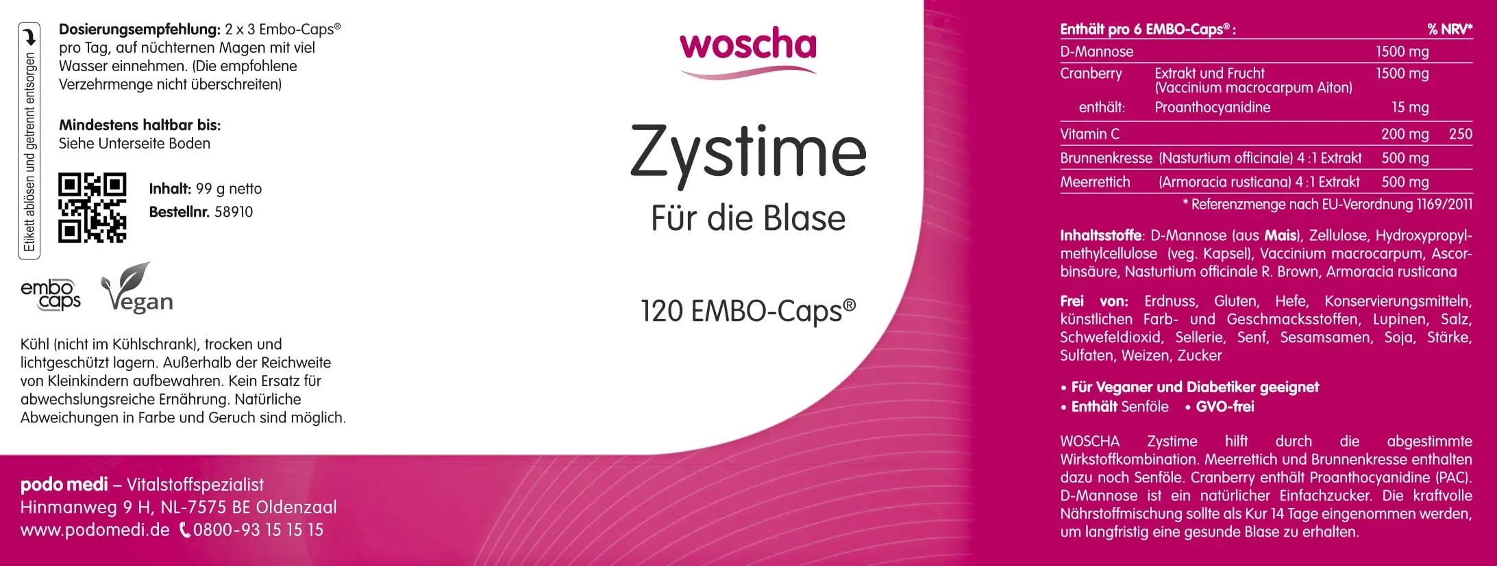 Woscha Zystime Für die Blase von podo medi beinhaltet 120 Kapseln Etikett