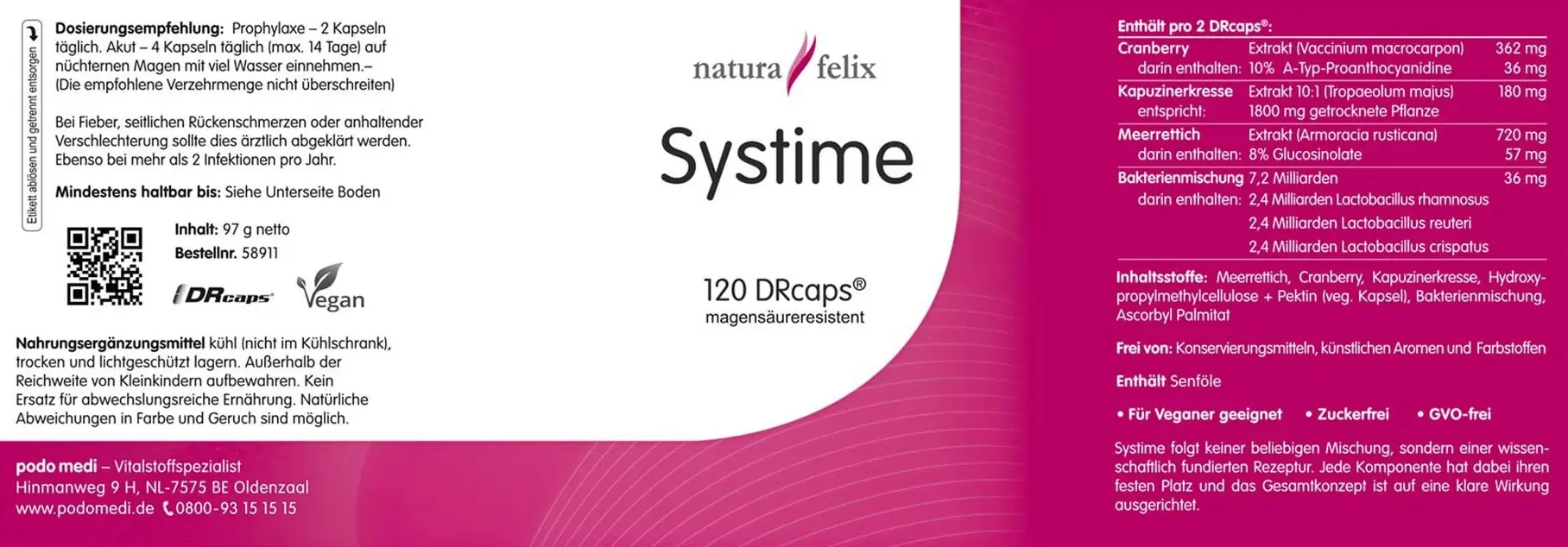 Natura Felix Systime, 120 DRcaps Blasenentzündung EAN: 8717729199190