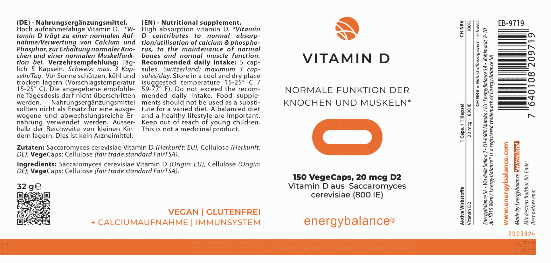 EnergyBalance Vitamin D, 20 mcg (800 UI), 150 VegeCaps  EAN: 7640108209719
