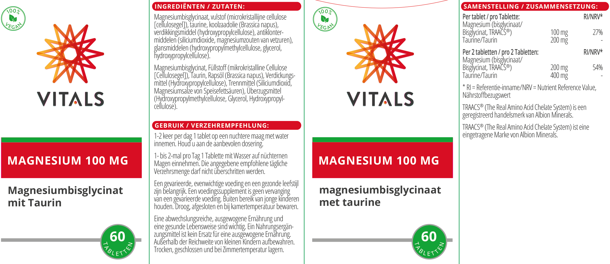 Vitals Magnesiumbisglycinat 100 mg mit Taurin, 60 Tabletten  EAN: 8716717002689