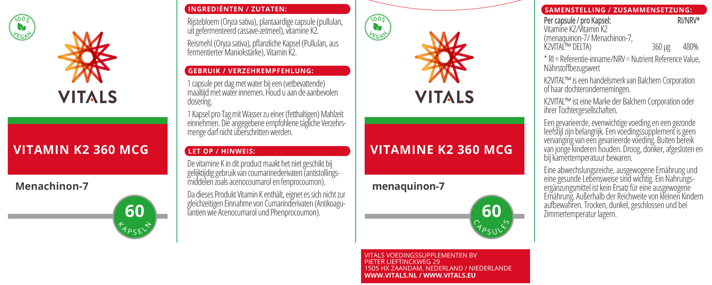 Vitals Vitamin K2 360 mcg, 60 Kapseln Osteoporose EAN: 8716717004652