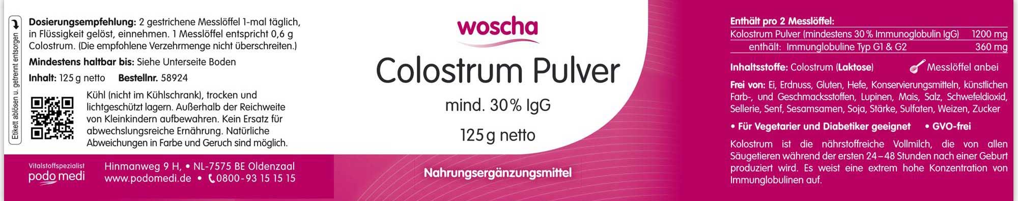 Woscha Colostrum Pulver von podo medi beinhaltet 125 Gramm Etikett
