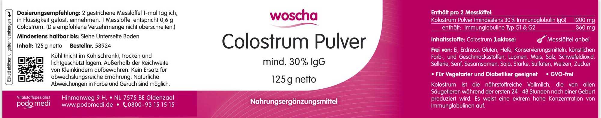 Woscha Colostrum Pulver podo medi 125 g Etikett Woscha Colostrum Pulver von podo medi beinhaltet 125 Gramm Etikett